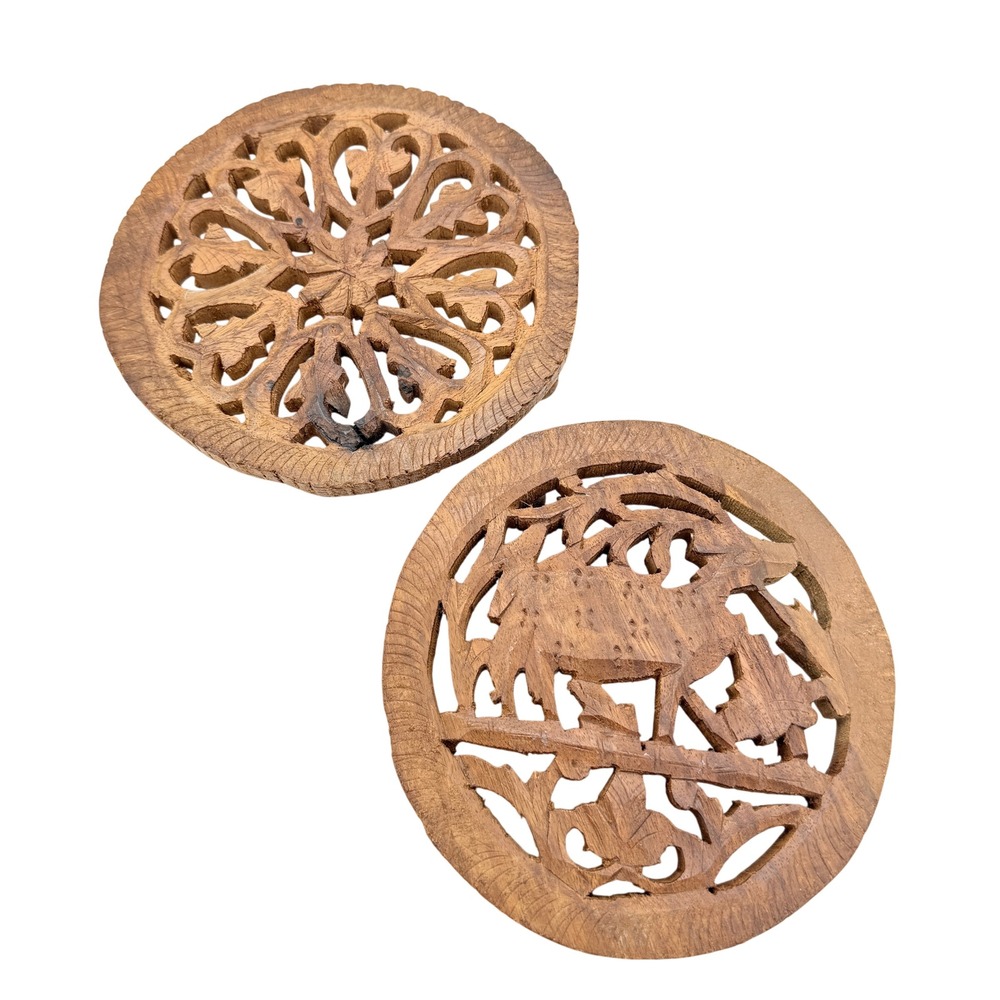 VTG Hand Carved Wood Trivets Deer Stag Floral Sunburst Wall Art Set of 2 6"